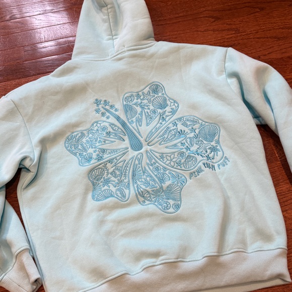 100% Authentic Pink Palm Puff Hawaii Hibiscus Flower Hoodie in Aquamarine Small - Picture 4 of 8